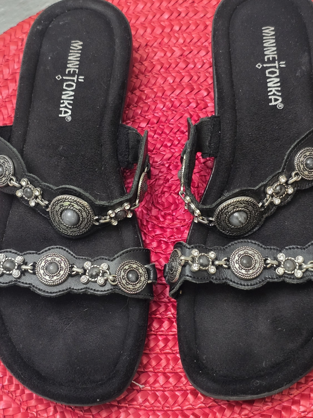 Minnetonka Black Beaded Leather Slide Sandals